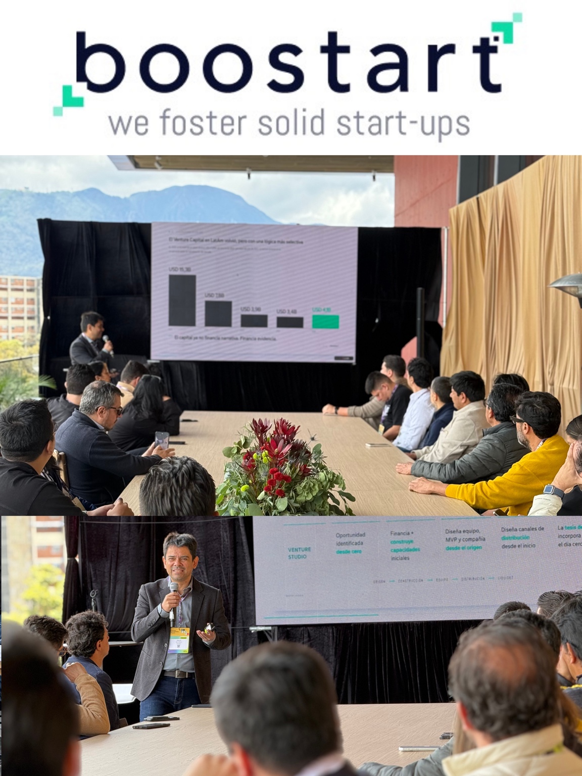 Composición con el logo de Boostart, we foster solid start-ups, y fotografías del desayuno VIP con presentaciones sobre venture studio y capital de riesgo en Latinoamérica.